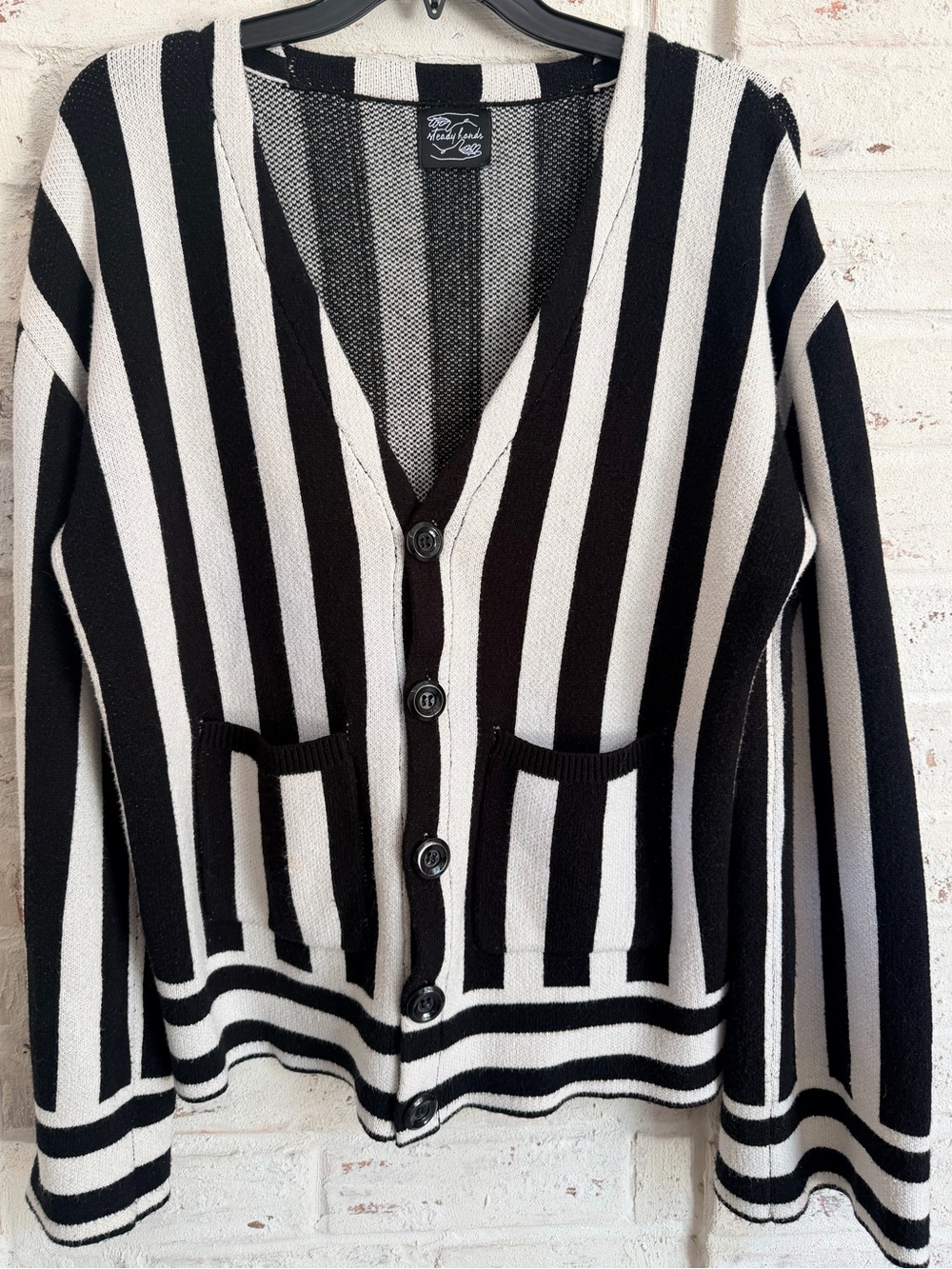 Steady Hands Black & Cream Striped Cardigan Sweater M/L Oversized Button Front